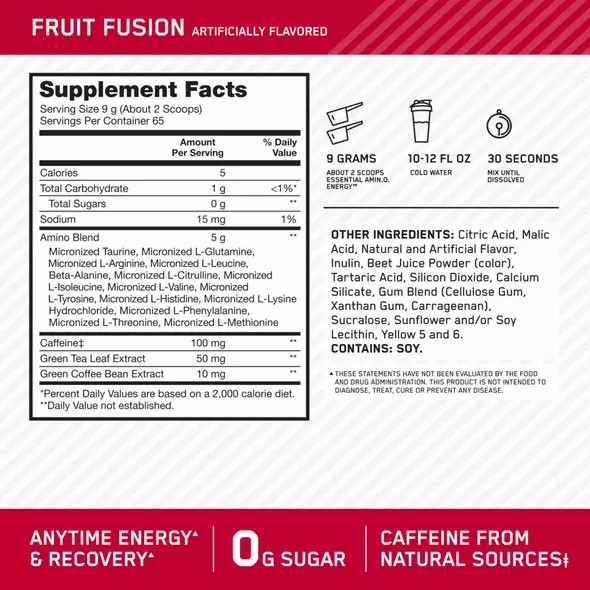 Optimum Nutrition ESSENTIAL AMIN.O. ENERGY® Fruit Fusion 0.6 lb (30 Servings) Peru | 65329TZKH