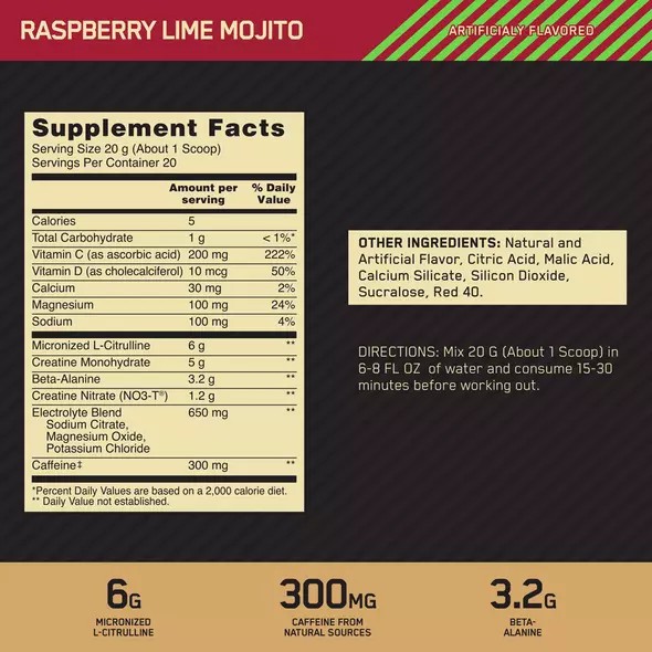 Optimum Nutrition GOLD STANDARD® Pre Advanced Raspberry Lime Mojito 0.88 lb (20 Servings) Peru | 72518JWLV