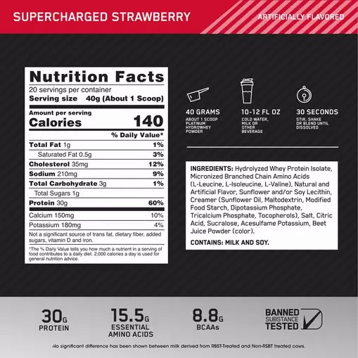Optimum Nutrition PLATINUM HYDROWHEY™ Supercharged Strawberry 1.76 lb (20 Servings) Peru | 92064PUOM