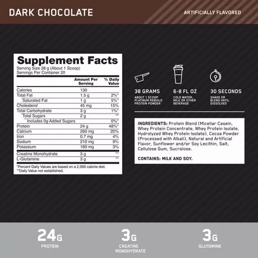 Optimum Nutrition Platinum Rebuild Dark Chocolate 1.67 lb (20 Servings) Peru | 81465DQZM